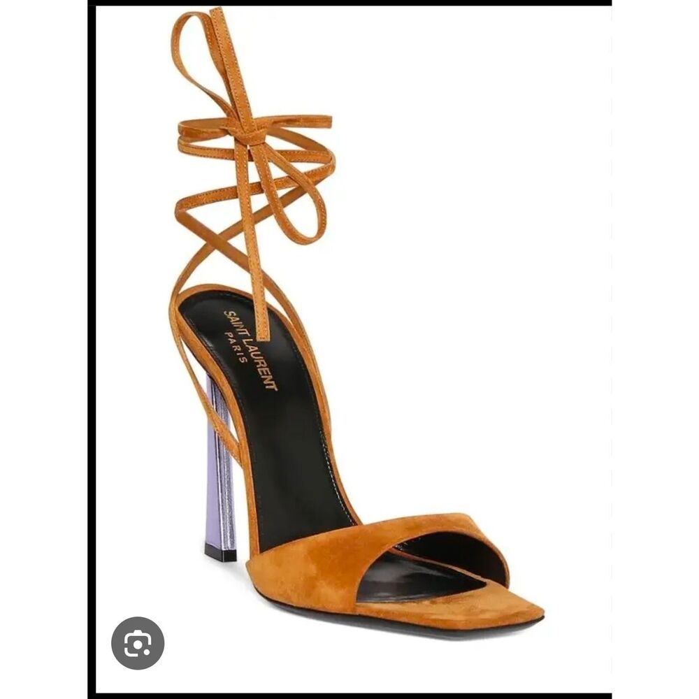 Saint Laurent Tan Suede Lace-Up Sandal with Lilac Block Heel - Picture 1 of 9